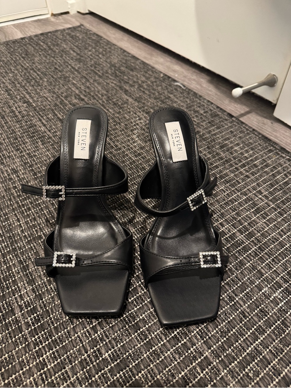 Steve Madden Black Rhinestone Buckle Strappy Heels